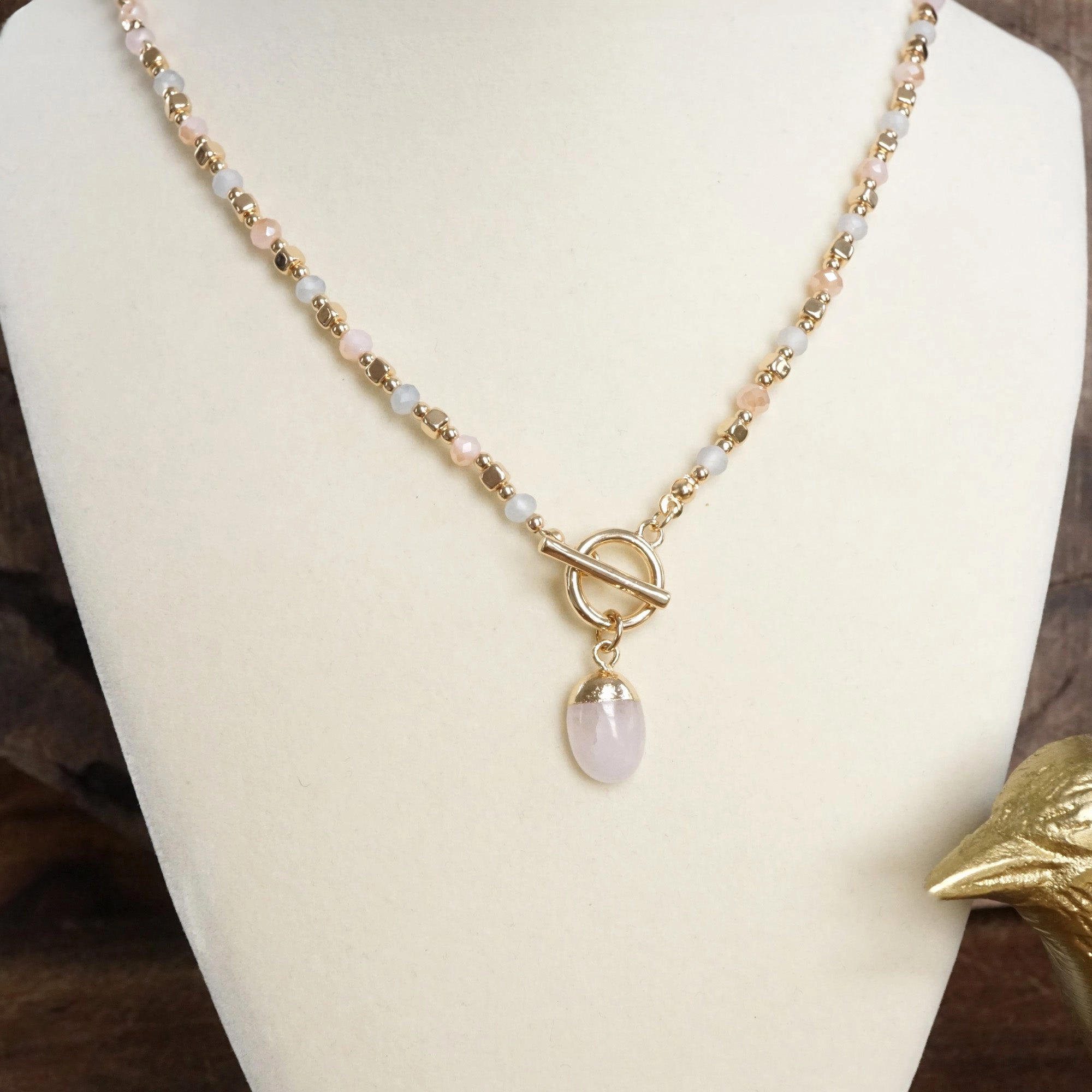 Faceted Beads & Oval Stone Front Toggle Necklace ?C Gold Tone Glamorous Night Simple Choice