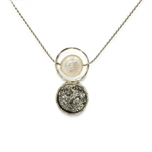 Druzy pendant necklace set in sterling silver with a white pearl