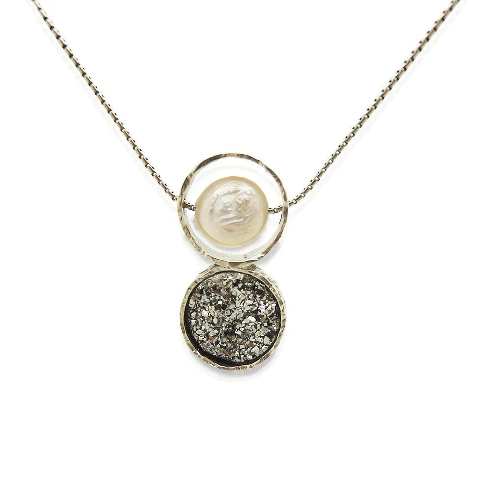 Druzy pendant necklace set in sterling silver with a white pearl