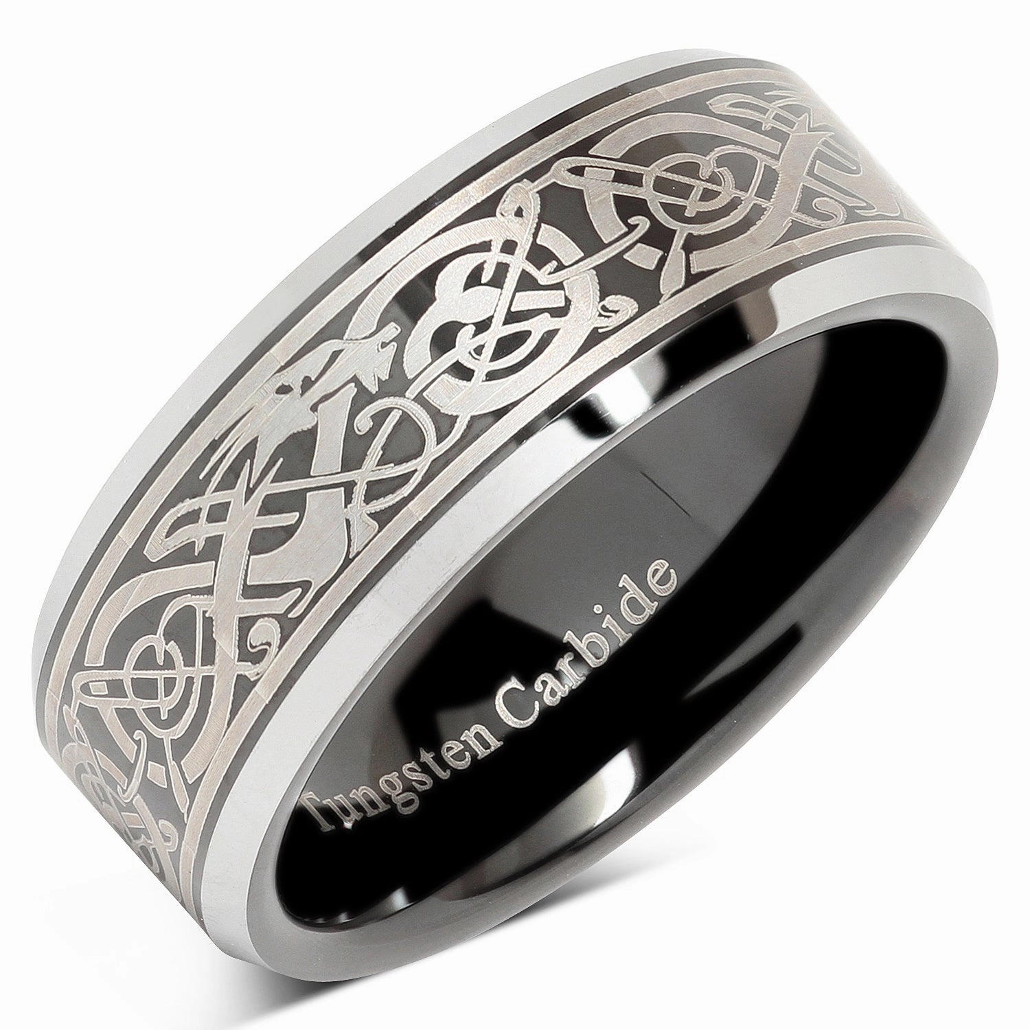 Tungsten Ring For Men Black Wedding Band Celtic Dragon Engraved Engagement Promise Beveled Size 8-15 Polished Shine
