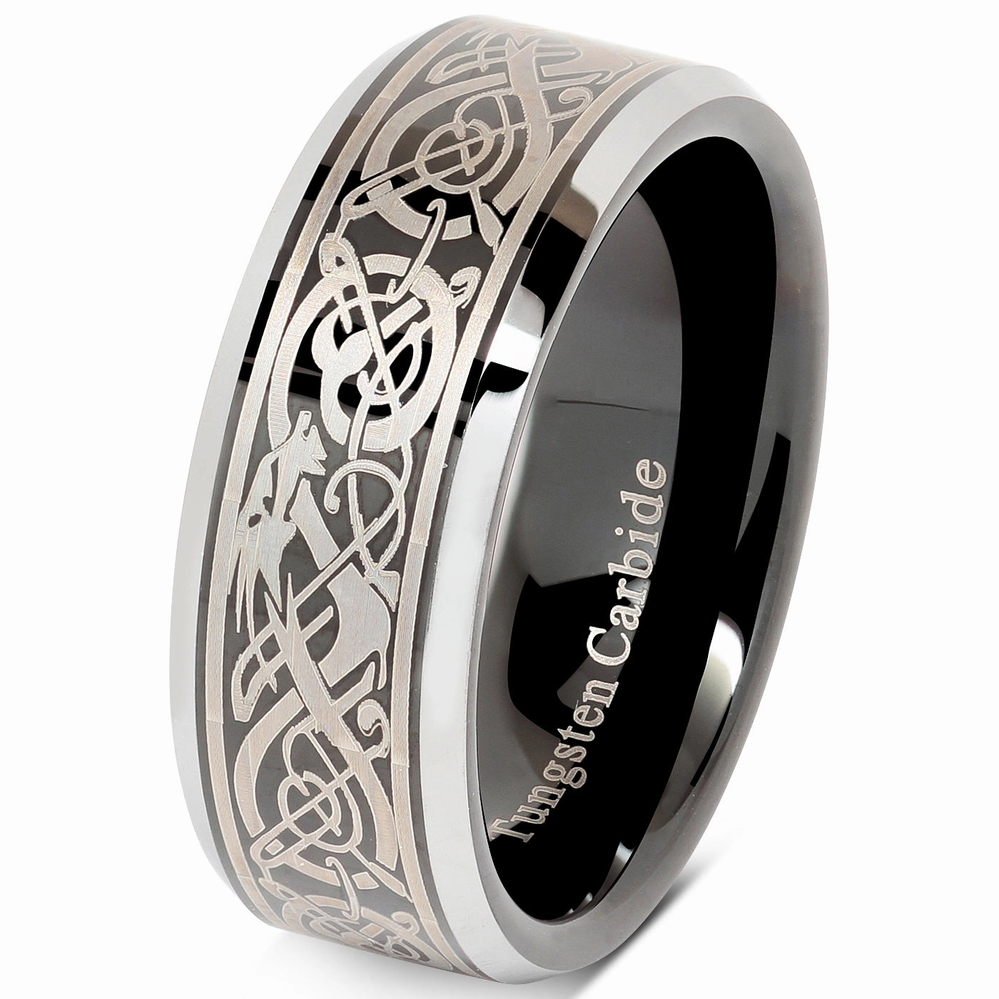 Tungsten Ring For Men Black Wedding Band Celtic Dragon Engraved Engagement Promise Beveled Size 8-15 Timeless Work Modern Balance