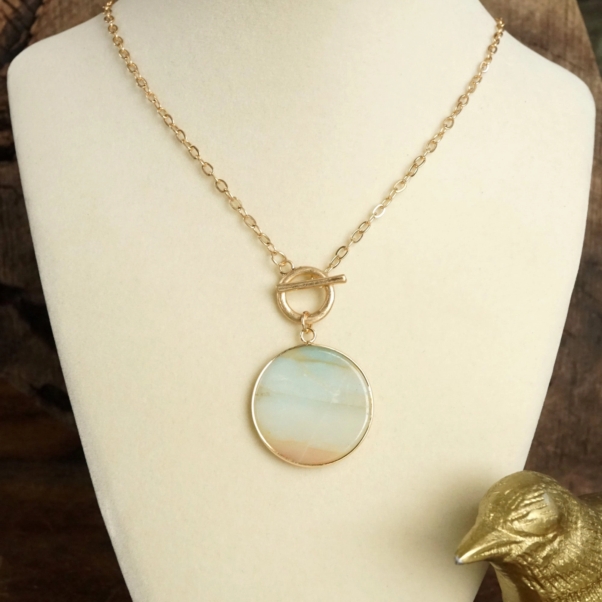 Ideal Ornament Semi-Precious Disc Pendant Front Toggle Chain Necklace