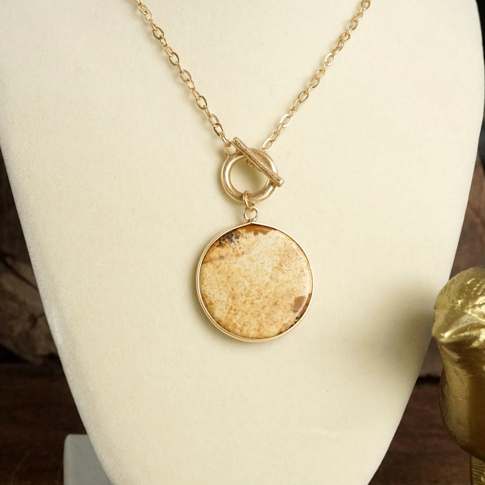 Semi-Precious Disc Pendant Front Toggle Chain Necklace Elegant adornment Furnishing Item