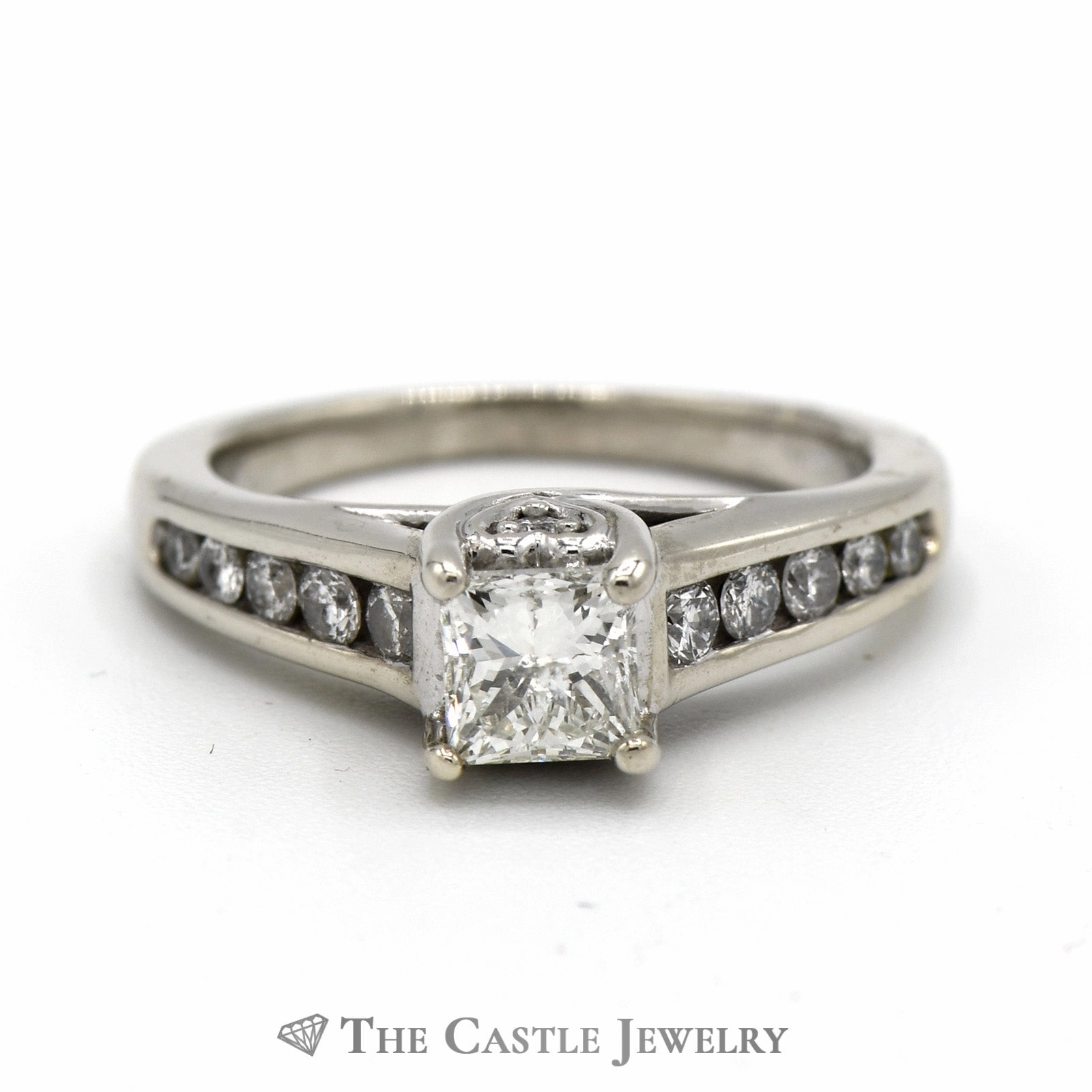 3/4cttw Princess Cut Diamond Engagement Ring with Channel Set Diamond Accents in 14k White Gold Sparkle Look