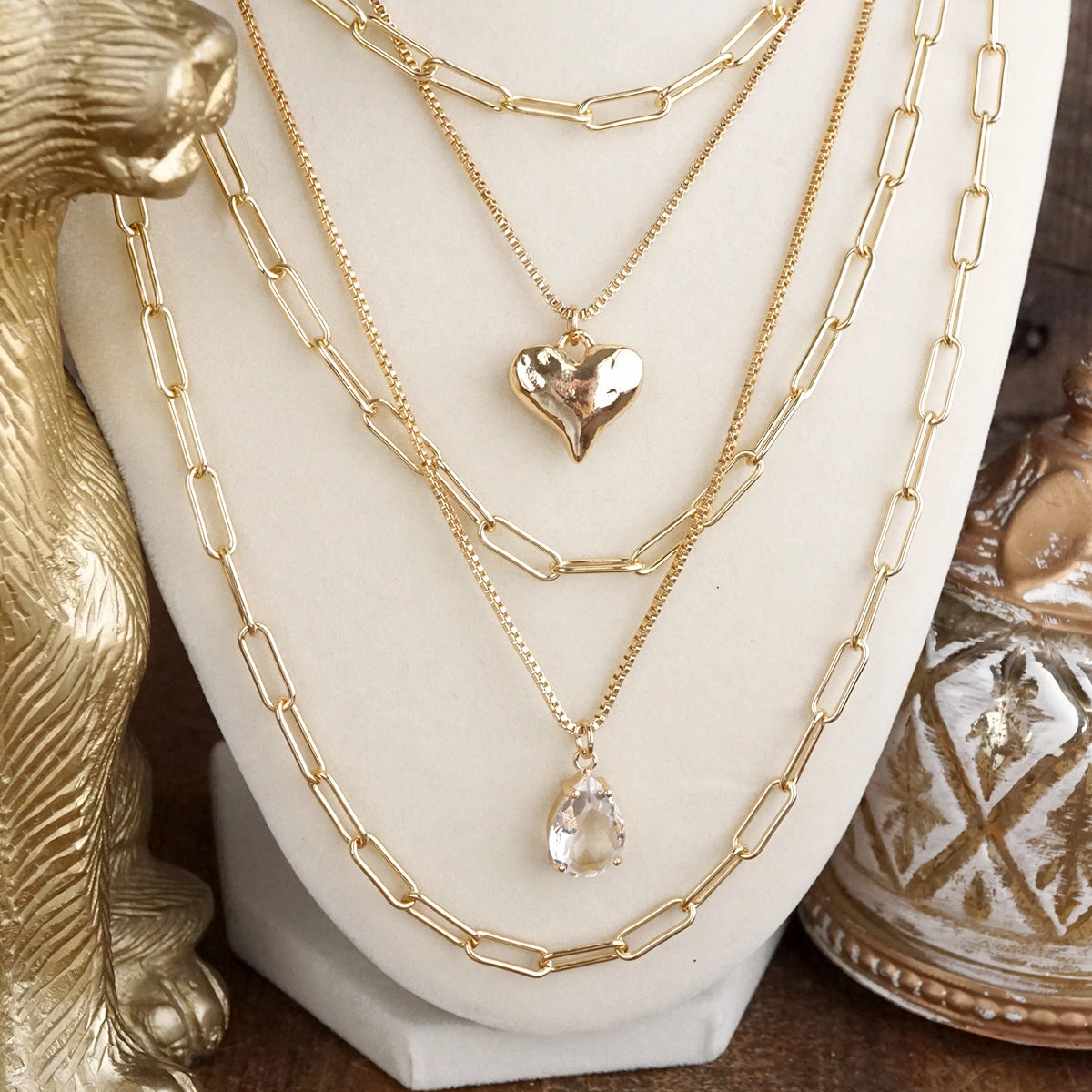 Hearts Entwined ?C 5-in-1 Layered Necklace with Hammered Heart & Teardrop Crystal Fresh Feature Lucky Charm
