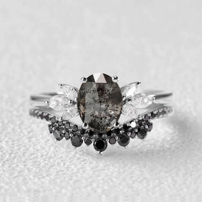 Precious Treasures Oval Cut Salt and Pepper Diamonds & Black Moissanite Engagement Ring Sets 2pcs