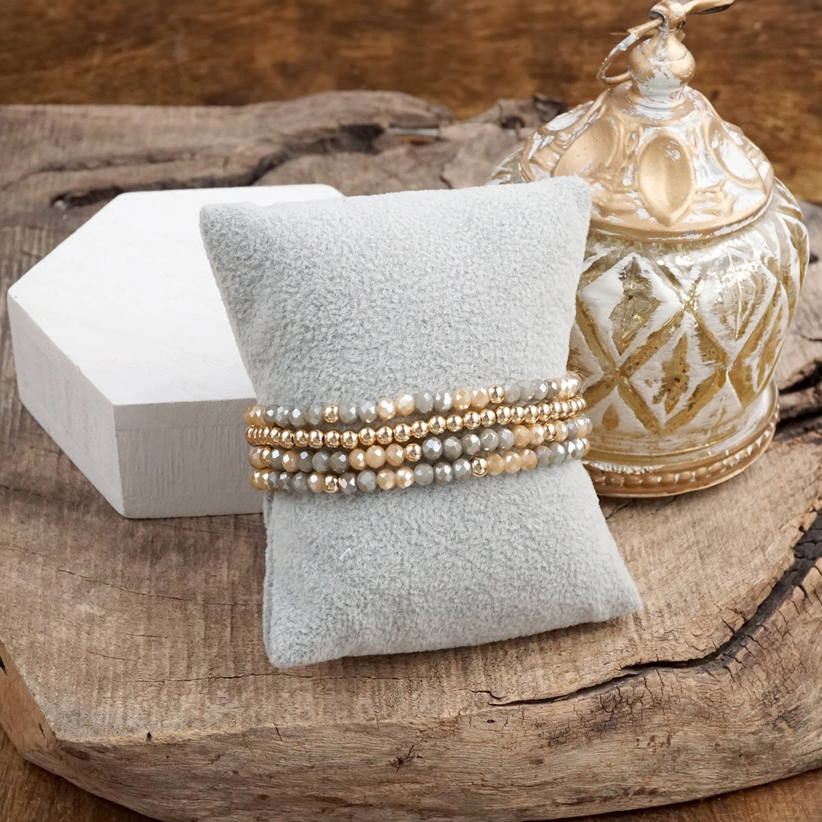 Entire Lineup Glass Gleam ?C Set of 4 Faceted Glass & Gold Bead Stretch Bracelets