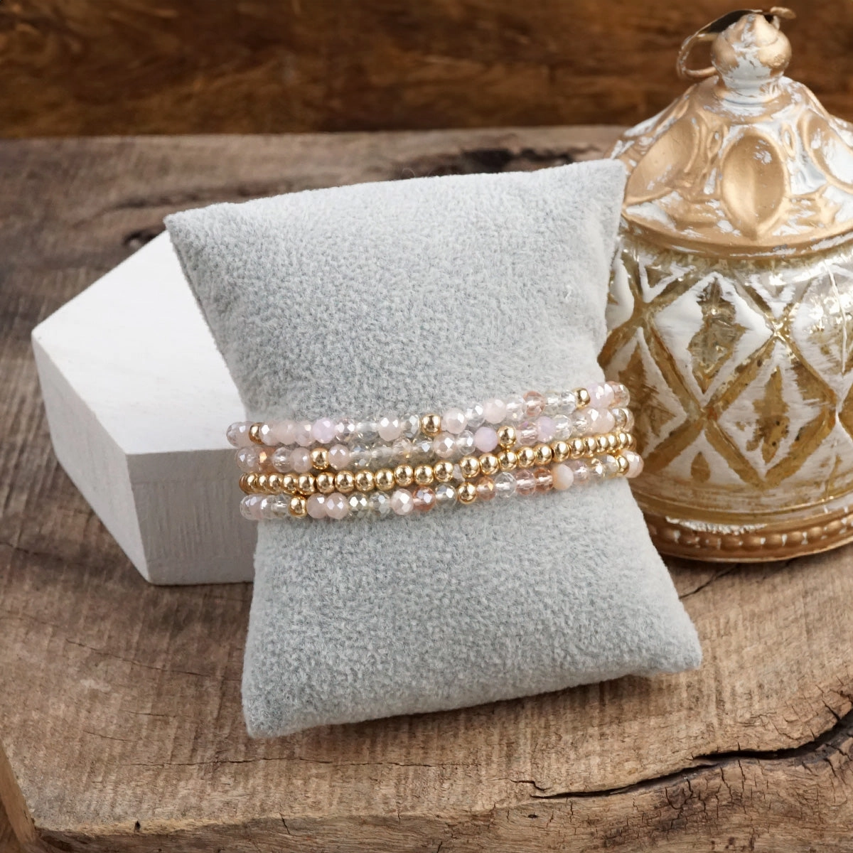 Symbolically Charged Glass Gleam ?C Set of 4 Faceted Glass & Gold Bead Stretch Bracelets