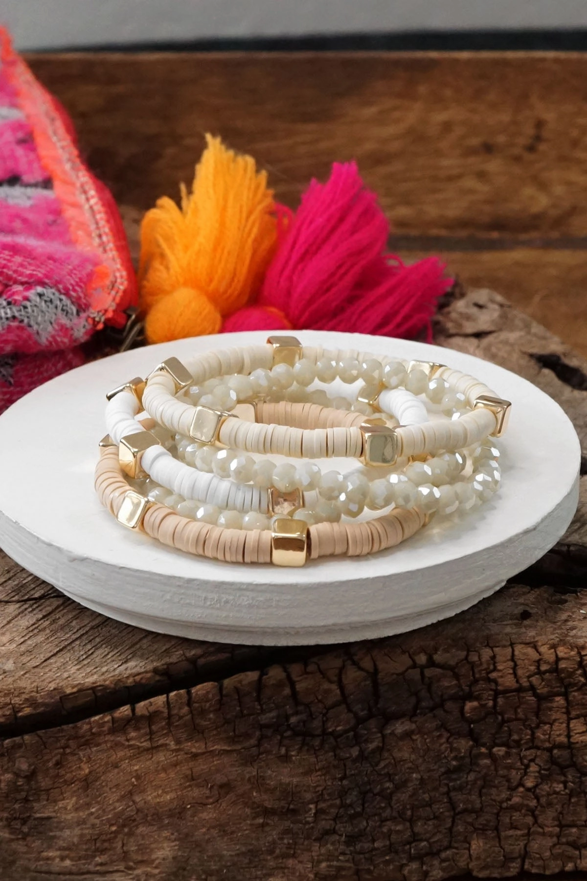 Galactic Composites Top Score Beaded Bracelets stack of 5 in Neutral tones Clay and Glass Layering bracelets