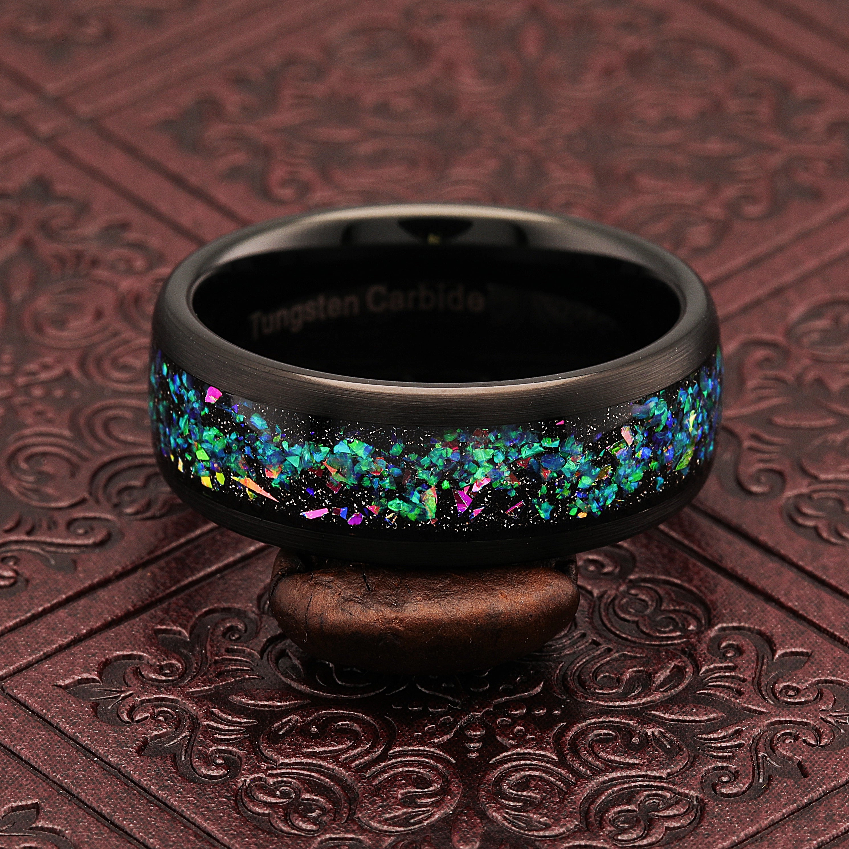 Lustrous Detail 100S JEWELRY Black Tungsten Wedding Ring for Men Women Opal Inlay Comfort Fit Style Size 6-16