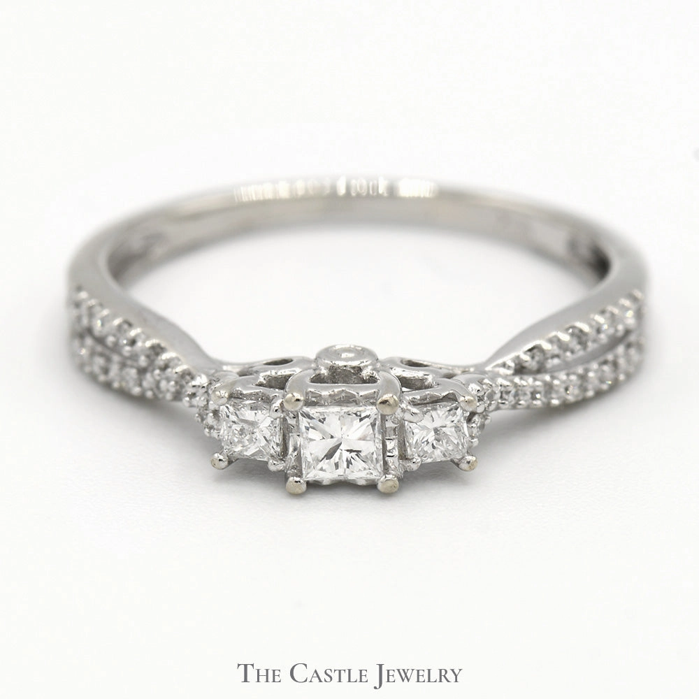1/3cttw Princess Cut Diamond Three Stone Engagement Ring with Diamond Accents in 10k White Gold Photo Prop