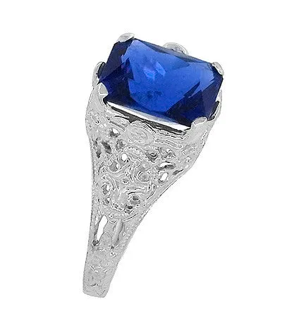 Edwardian Filigree Lab Created Blue Sapphire Ring in Sterling Silver | Radiant Cut 3.75 Carat Sapphire Statement Ring