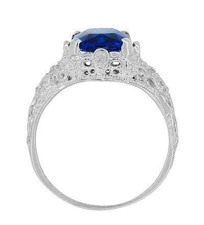 Edwardian Filigree Lab Created Blue Sapphire Ring in Sterling Silver | Radiant Cut 3.75 Carat Sapphire Statement Ring