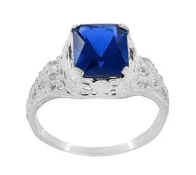 Edwardian Filigree Lab Created Blue Sapphire Ring in Sterling Silver | Radiant Cut 3.75 Carat Sapphire Statement Ring
