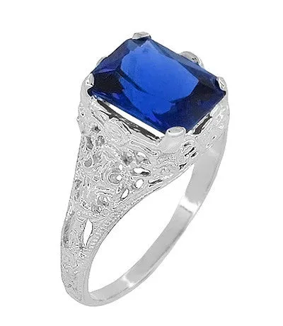 Edwardian Filigree Lab Created Blue Sapphire Ring in Sterling Silver | Radiant Cut 3.75 Carat Sapphire Statement Ring