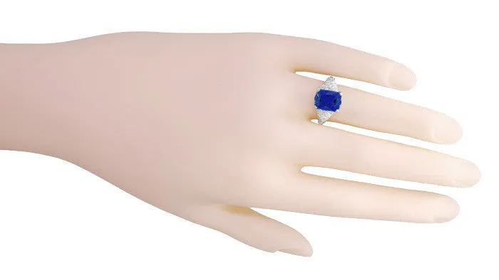 Edwardian Filigree Lab Created Blue Sapphire Ring in Sterling Silver | Radiant Cut 3.75 Carat Sapphire Statement Ring