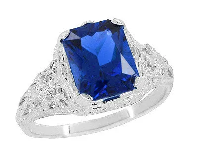 Edwardian Filigree Lab Created Blue Sapphire Ring in Sterling Silver | Radiant Cut 3.75 Carat Sapphire Statement Ring