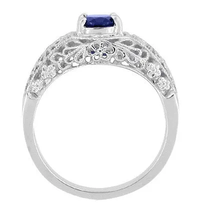 Edwardian Floral Filigree Blue Sapphire Dome Promise Ring in Sterling Silver