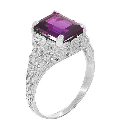 Edwardian Vintage Reissue Filigree Emerald Cut Amethyst Statement Ring in 14 Karat White Gold