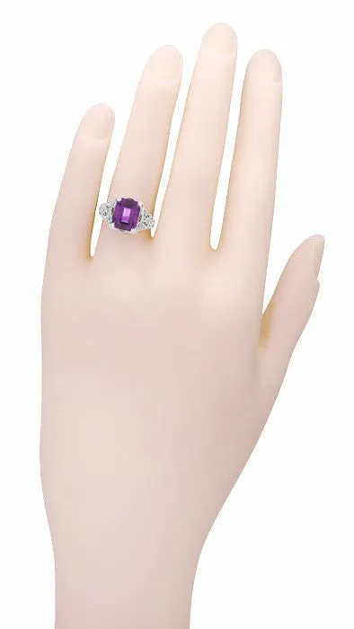 Edwardian Vintage Reissue Filigree Emerald Cut Amethyst Statement Ring in 14 Karat White Gold