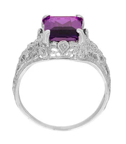 Edwardian Vintage Reissue Filigree Emerald Cut Amethyst Statement Ring in 14 Karat White Gold