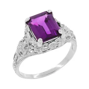 Edwardian Vintage Reissue Filigree Emerald Cut Amethyst Statement Ring in 14 Karat White Gold