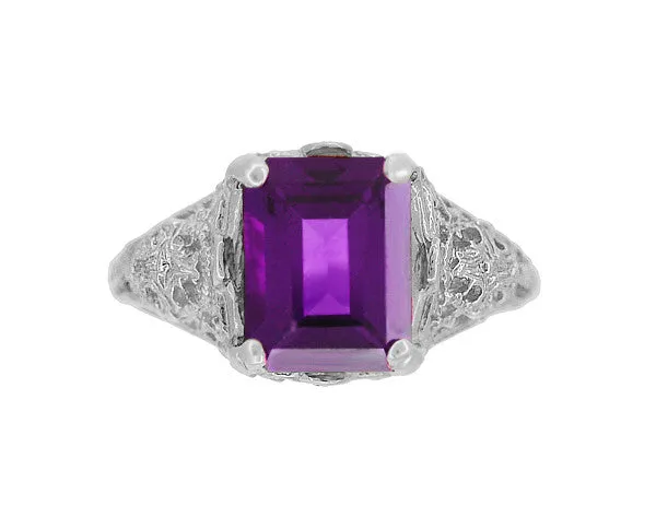 Edwardian Vintage Reissue Filigree Emerald Cut Amethyst Statement Ring in 14 Karat White Gold