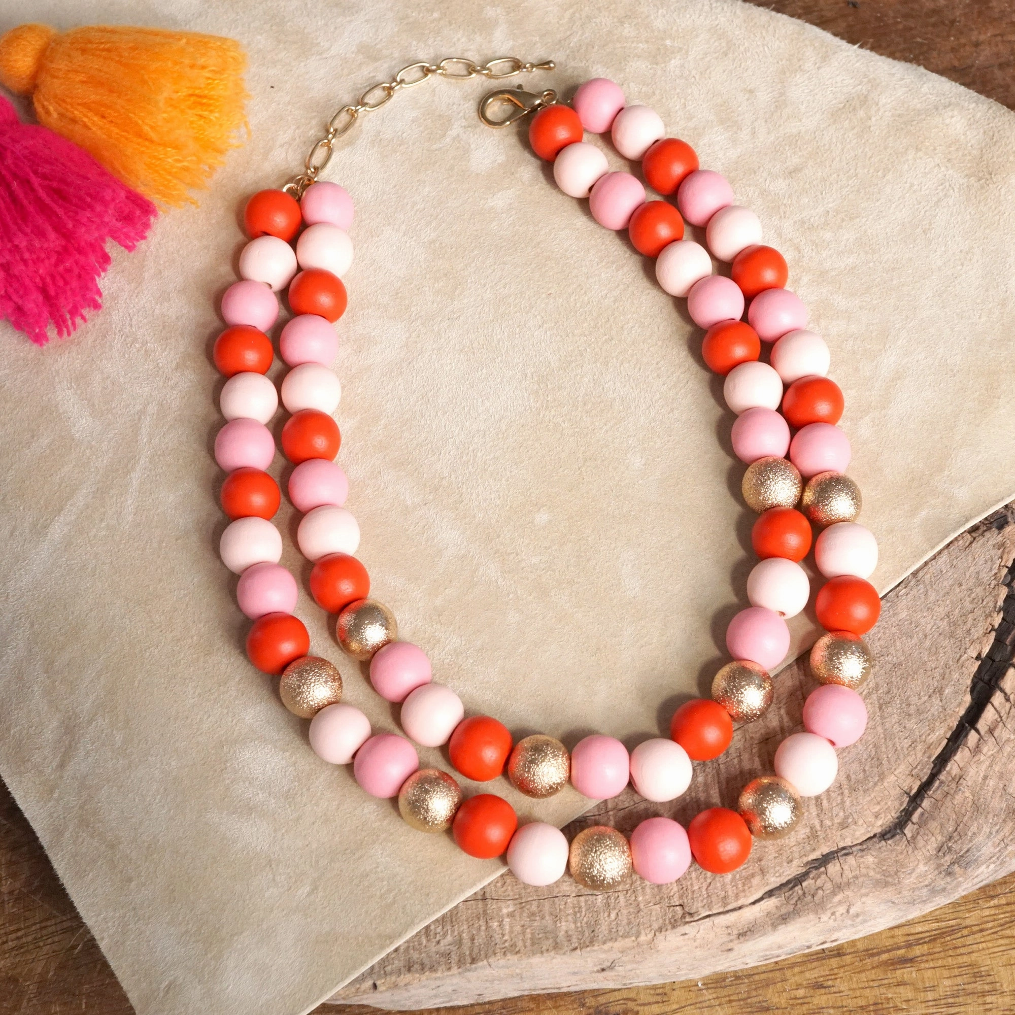 Multi Strand Wooden Beads Short Statement Valentine's Necklace in Pinks Red and Gold Premium Gift