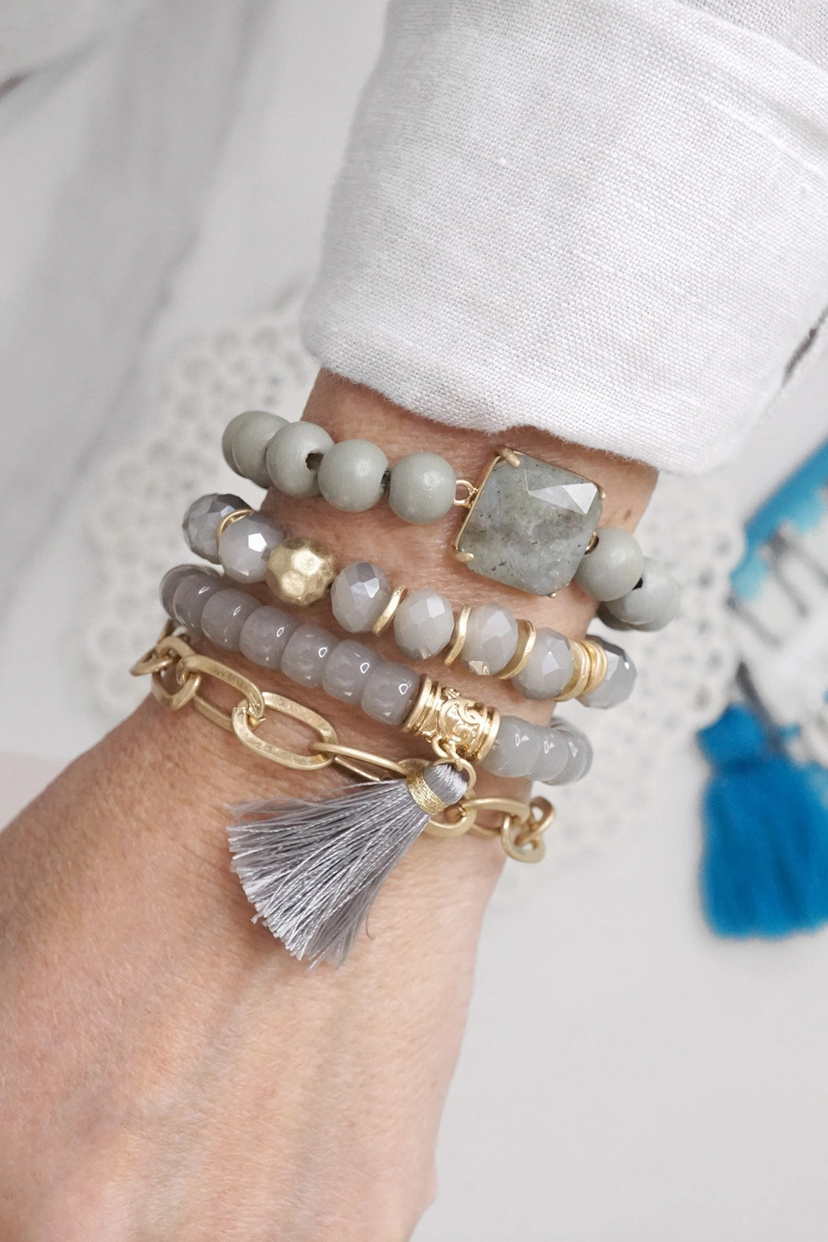 Boho Beads Tassel Bracelets set with Semi Precious Stone Grey Inclusive Mixes