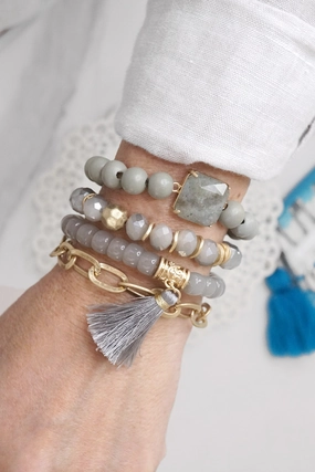 Boho Beads Tassel Bracelets set with Semi Precious Stone Grey Inclusive Mixes