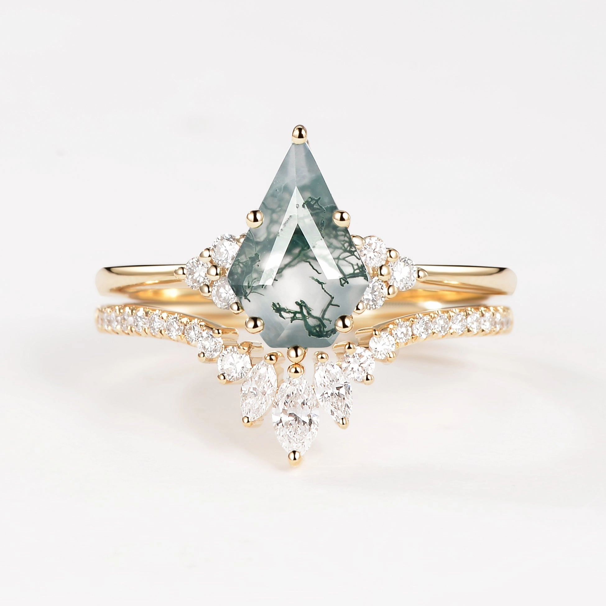 Pentagon Kite Cut Unique Moss Agate Engagement Ring Set 2pcs - Lydia Shining Sparkle