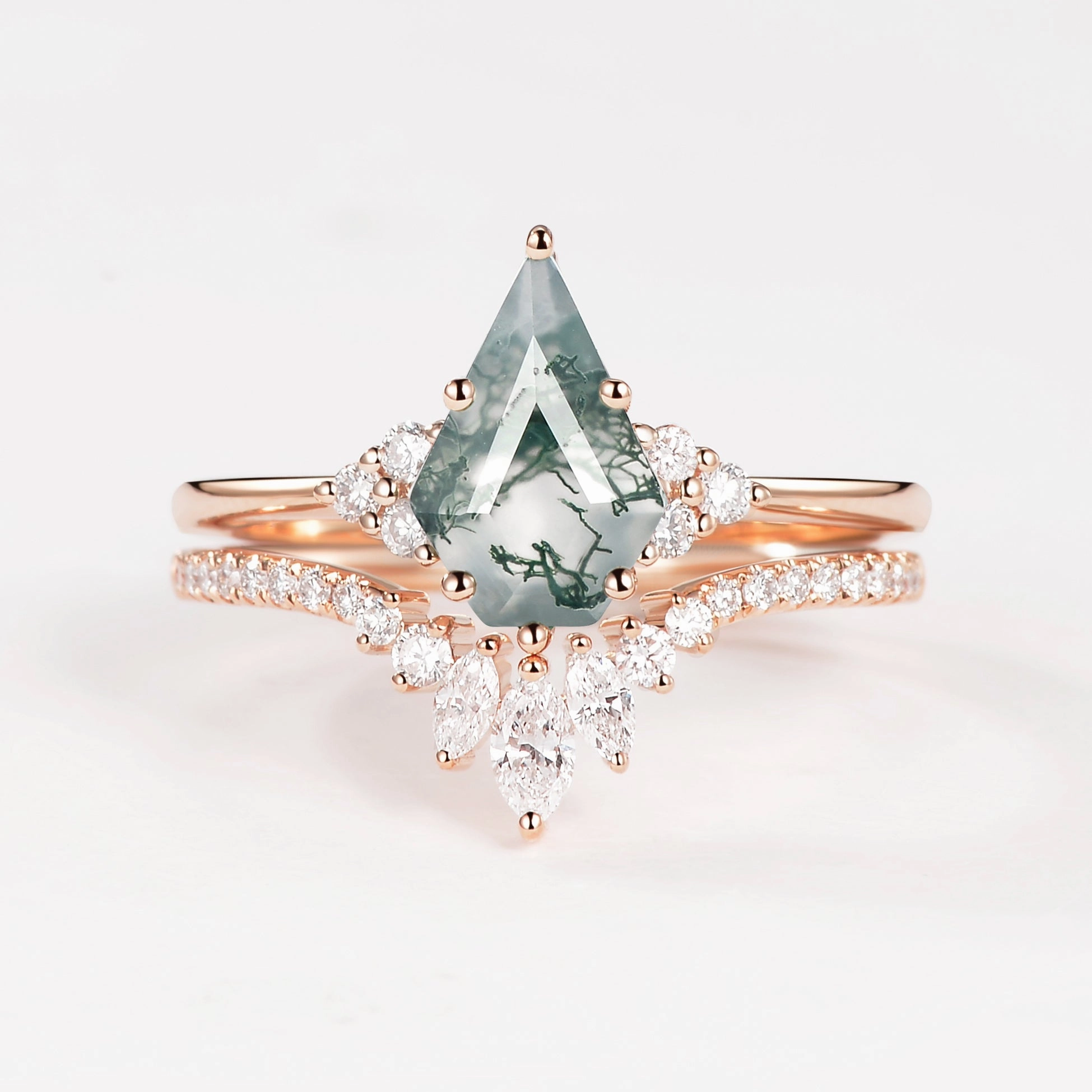 Stylish Craft Pentagon Kite Cut Unique Moss Agate Engagement Ring Set 2pcs - Lydia