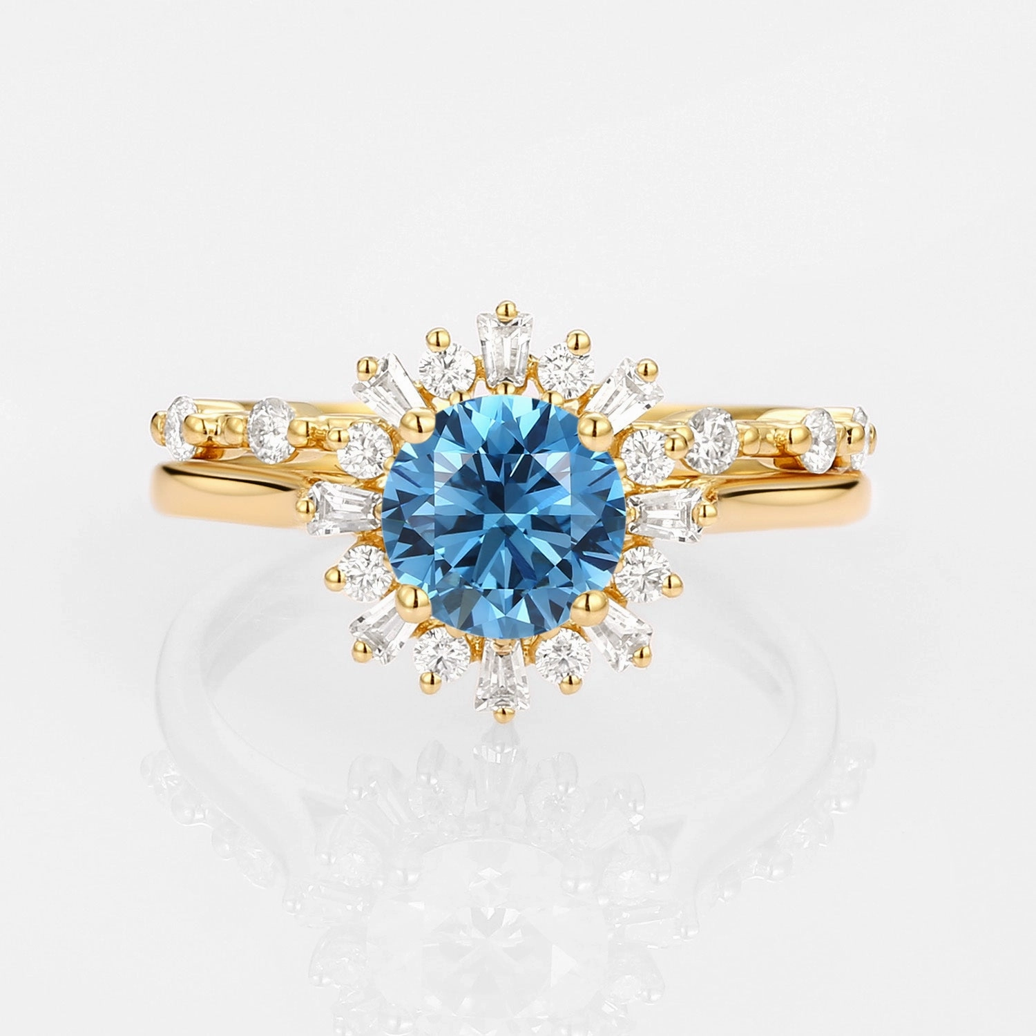 Layered Combo Lush Accent Halo Floral Round Blue Lab Grown Diamond Ring Set 2pcs - Sol