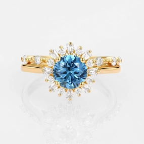 Layered Combo Lush Accent Halo Floral Round Blue Lab Grown Diamond Ring Set 2pcs - Sol