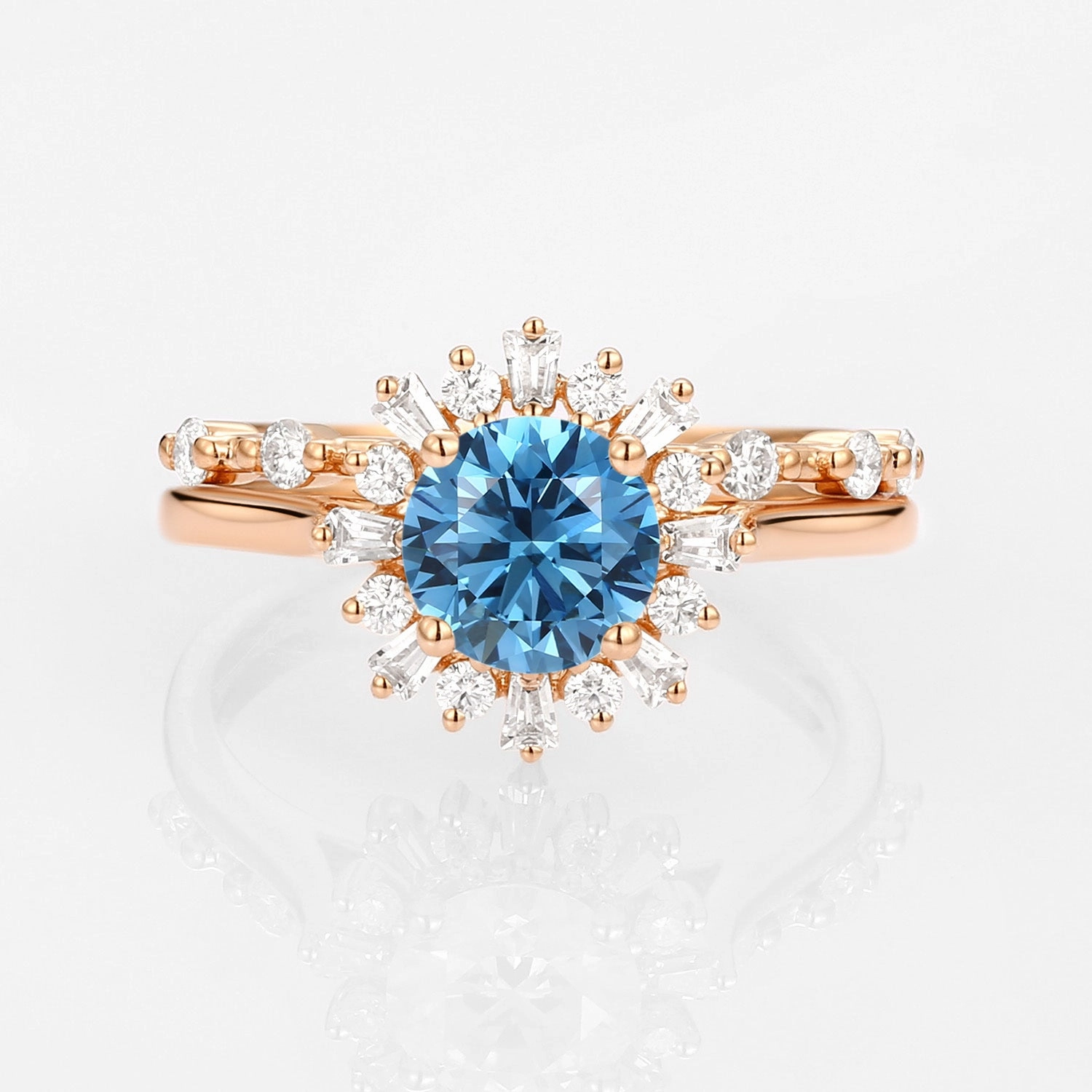 Everyday Accent Halo Floral Round Blue Lab Grown Diamond Ring Set 2pcs - Sol