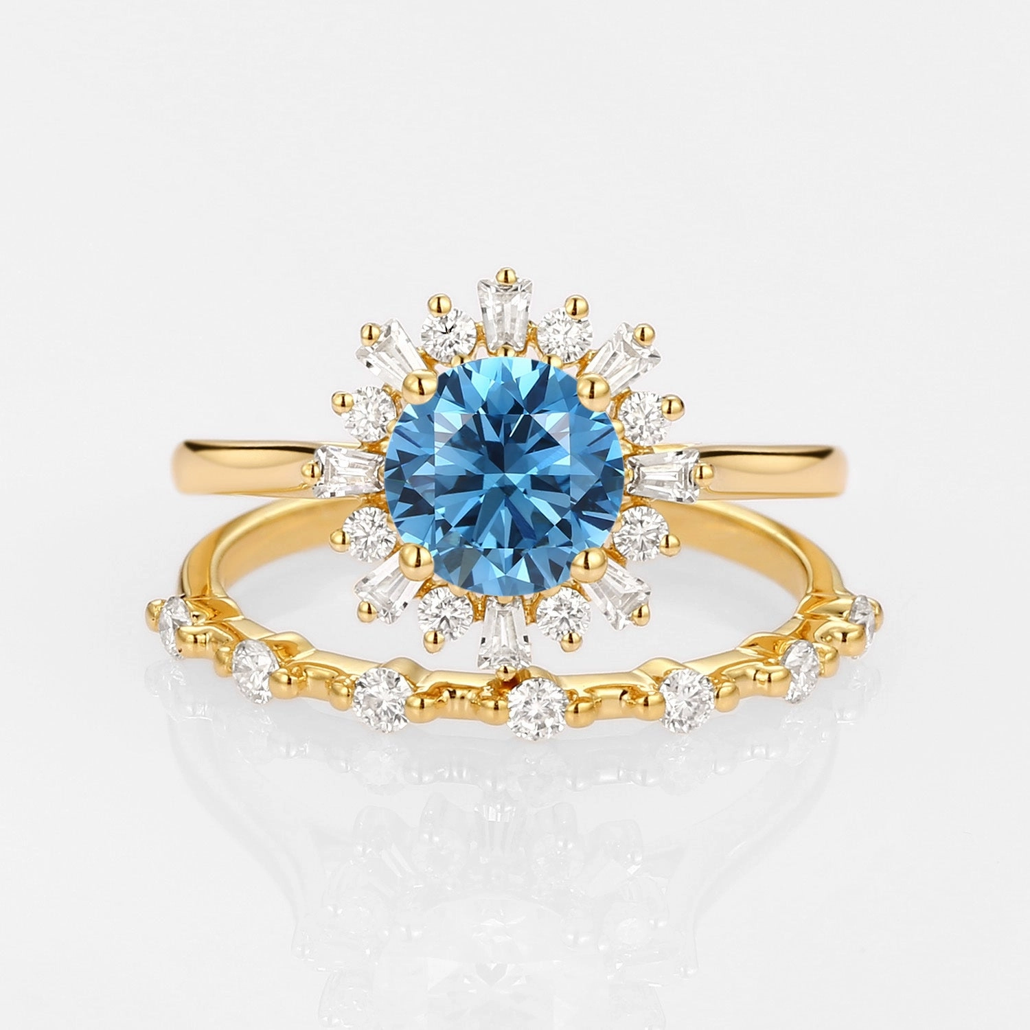 Halo Floral Round Blue Lab Grown Diamond Ring Set 2pcs - Sol Refined Quality