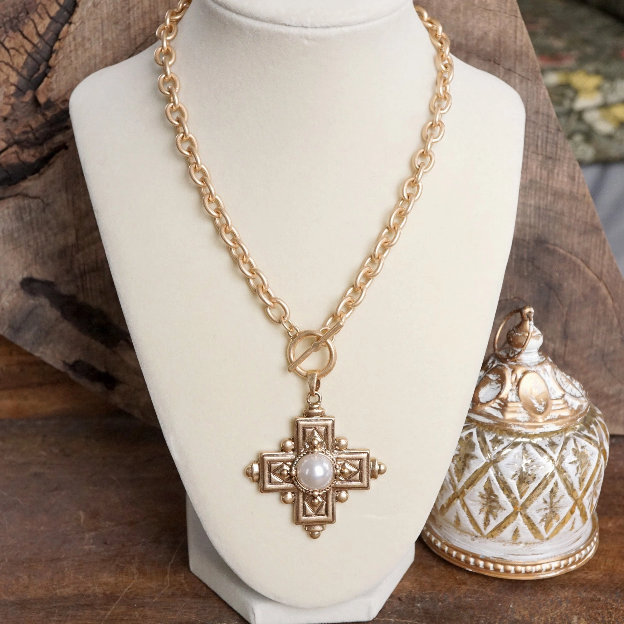 Vintage Edge Fantastic Gift Decorative Cross Necklace Worn Gold Tone Front Toggle and Pearl