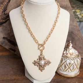 Vintage Edge Fantastic Gift Decorative Cross Necklace Worn Gold Tone Front Toggle and Pearl