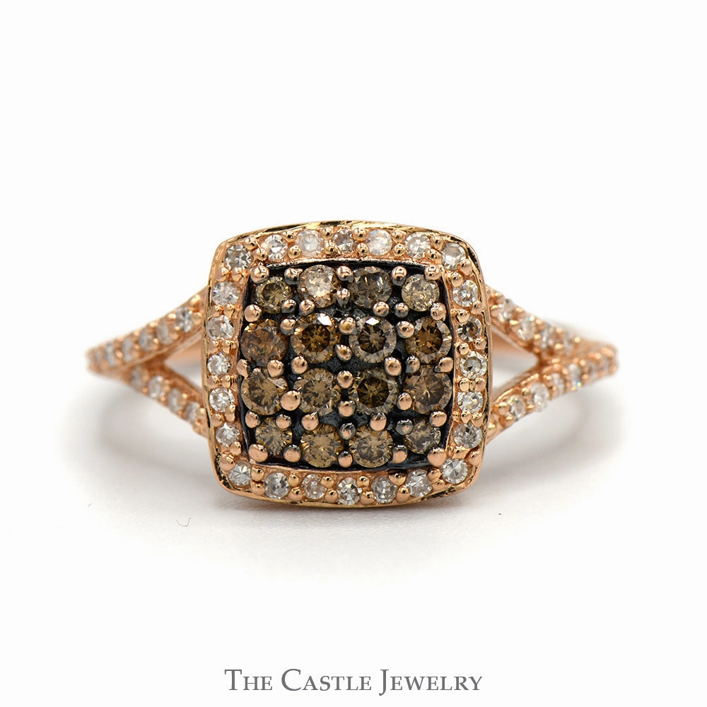 Effy Designer Square Shaped "Espresso" Diamond Cluster Ring with Diamond Halo and Accented Split Shank Sides in 14k Rose Gold Fantastic Symbol