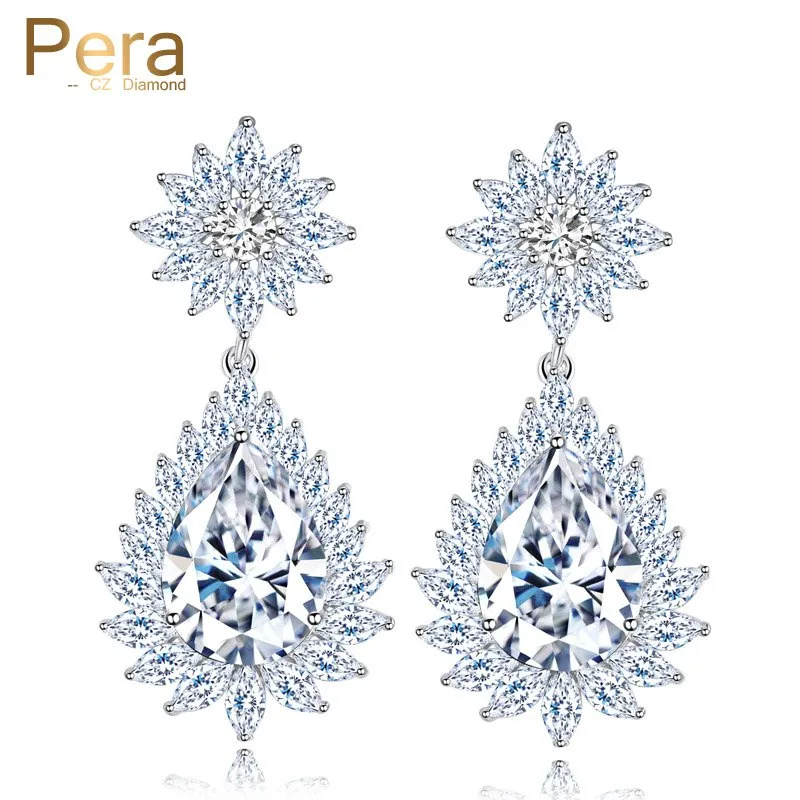 Elegant Design Big Pear Cut Long Dangling Cubic Zirconia Stone Paved Setting Women Party Earrings For Valentine's Day Gift