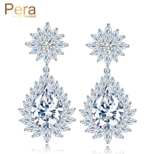 Elegant Design Big Pear Cut Long Dangling Cubic Zirconia Stone Paved Setting Women Party Earrings For Valentine's Day Gift