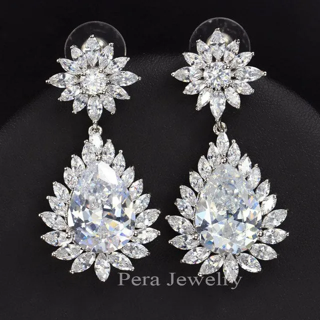 Elegant Design Big Pear Cut Long Dangling Cubic Zirconia Stone Paved Setting Women Party Earrings For Valentine's Day Gift