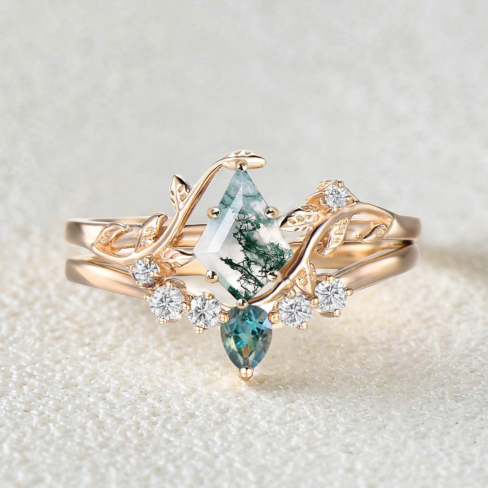 Unique Kite Cut Moss Agate & Teal Sapphire Leafy Bridal Ring Sets 2pcs - Willow Creative Design Distinct Edge