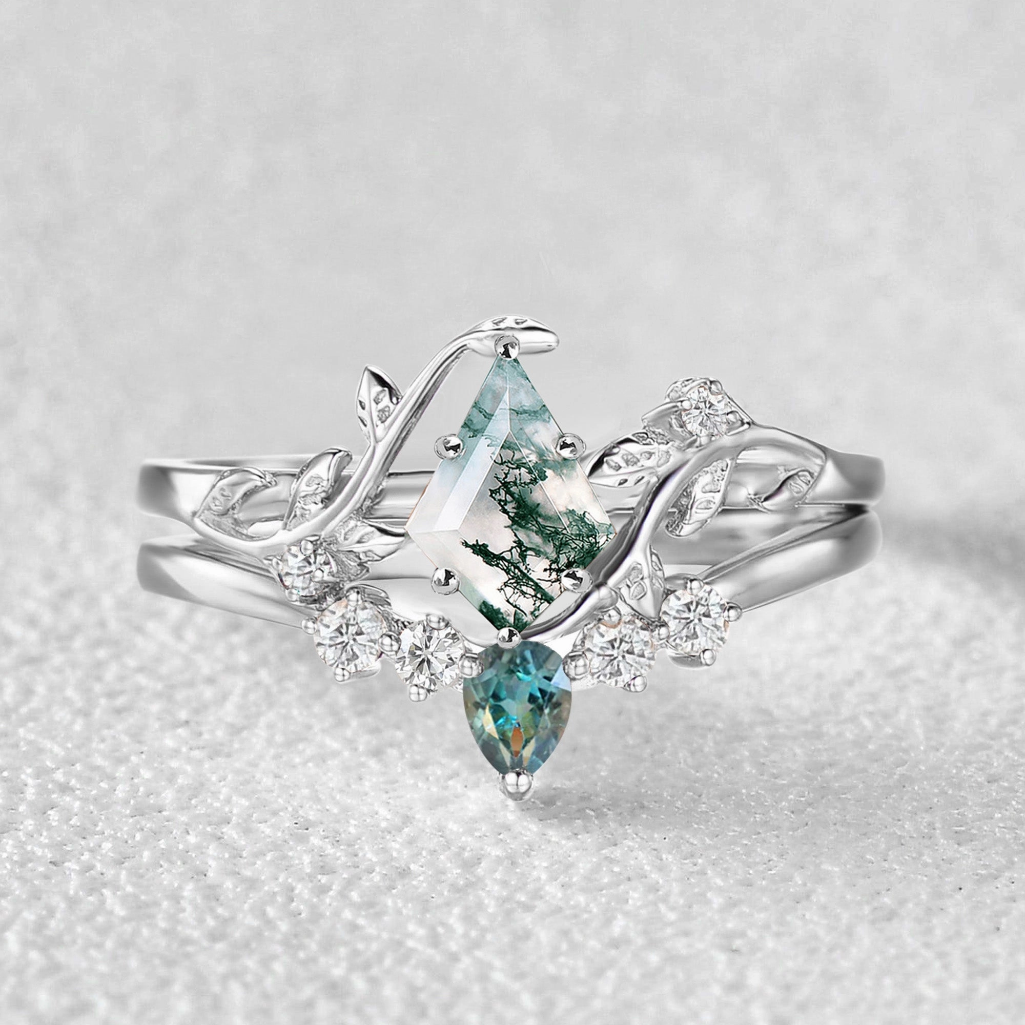 Unique Kite Cut Moss Agate & Teal Sapphire Leafy Bridal Ring Sets 2pcs - Willow Gift Appeal Bright Highlight
