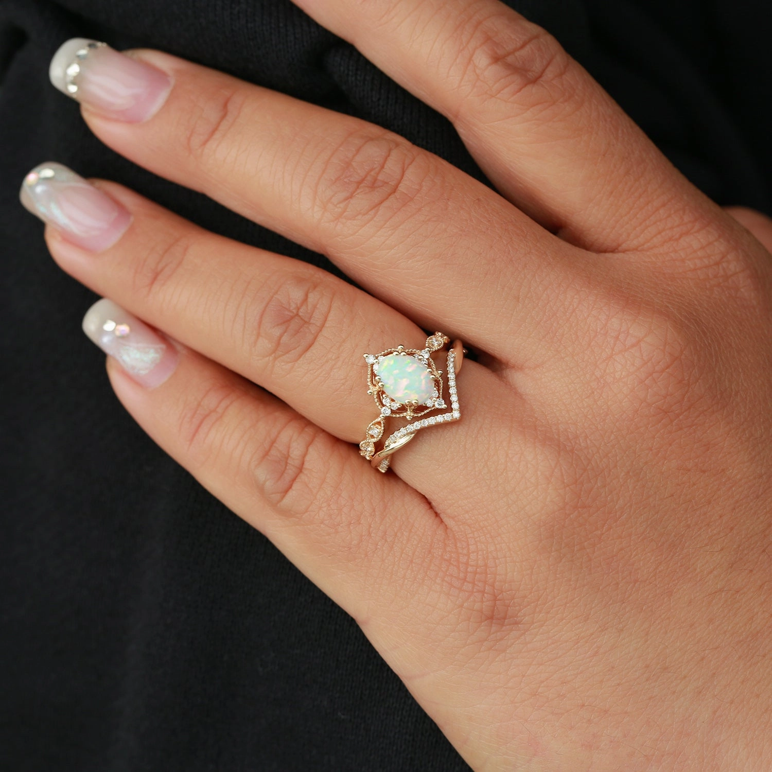 Felicegals Signature Vintage Oval Cut Opal Infinity Ring Set 2pcs - Mira Seasonal Trend Gold Accent