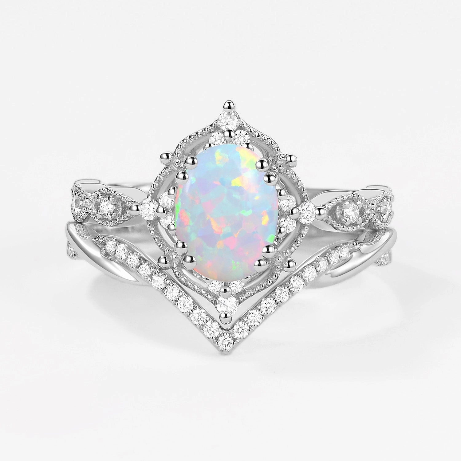Felicegals Signature Vintage Oval Cut Opal Infinity Ring Set 2pcs - Mira Winter Accent Photo Focus