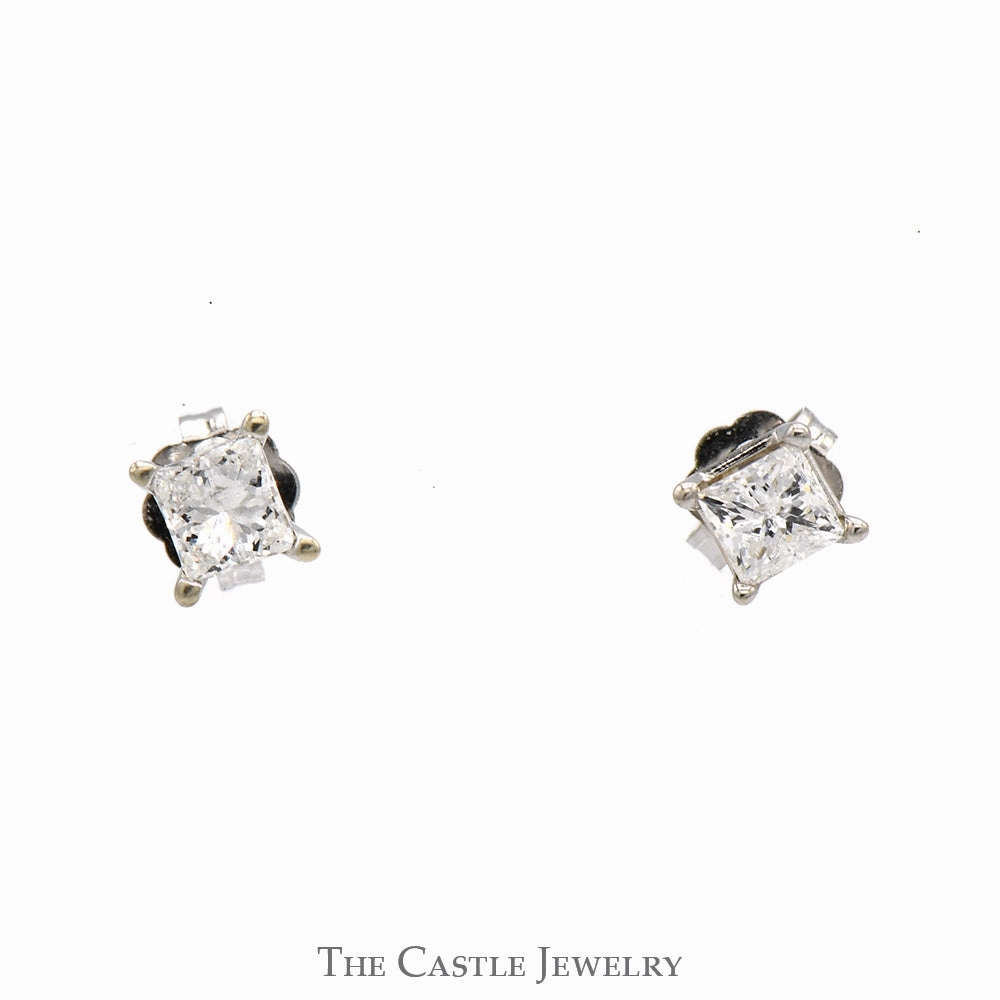 Minimalist Look 1/2cttw Princess Cut Diamond Stud Earrings in 14k White Gold Butterfly Pushbacks
