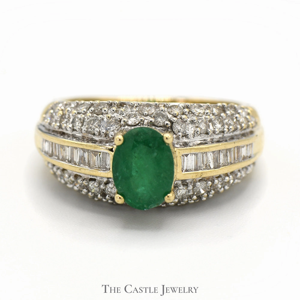 Petite Accessory Beautiful Object Oval Emerald Ring with Channel Set Baguette and Pave Round Diamond Accents in 14k Yellow Gold