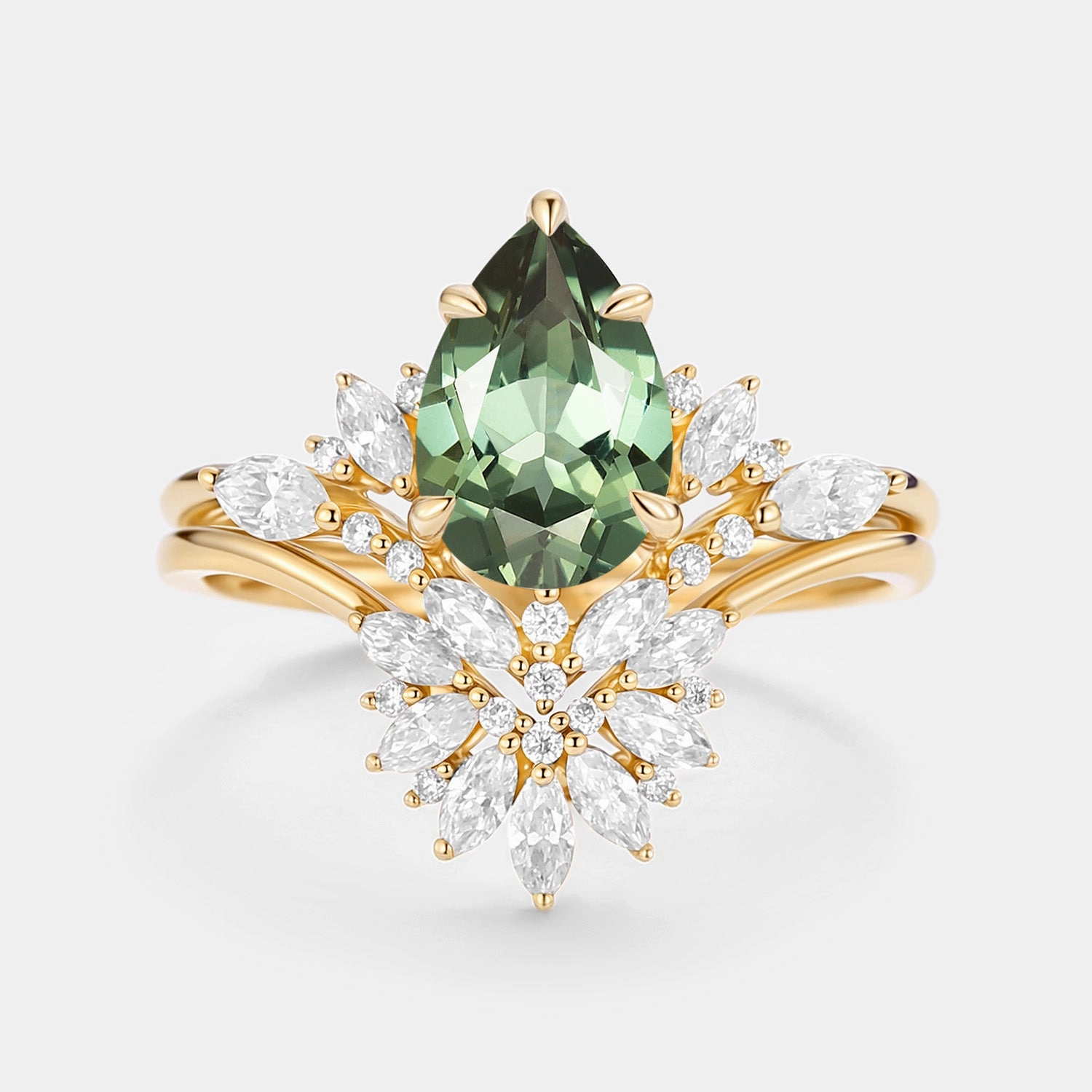 Light Pop Chic Accent Pear Cut Lab Green Sapphire Cluster Engagement Ring Set 2pcs - Peryn