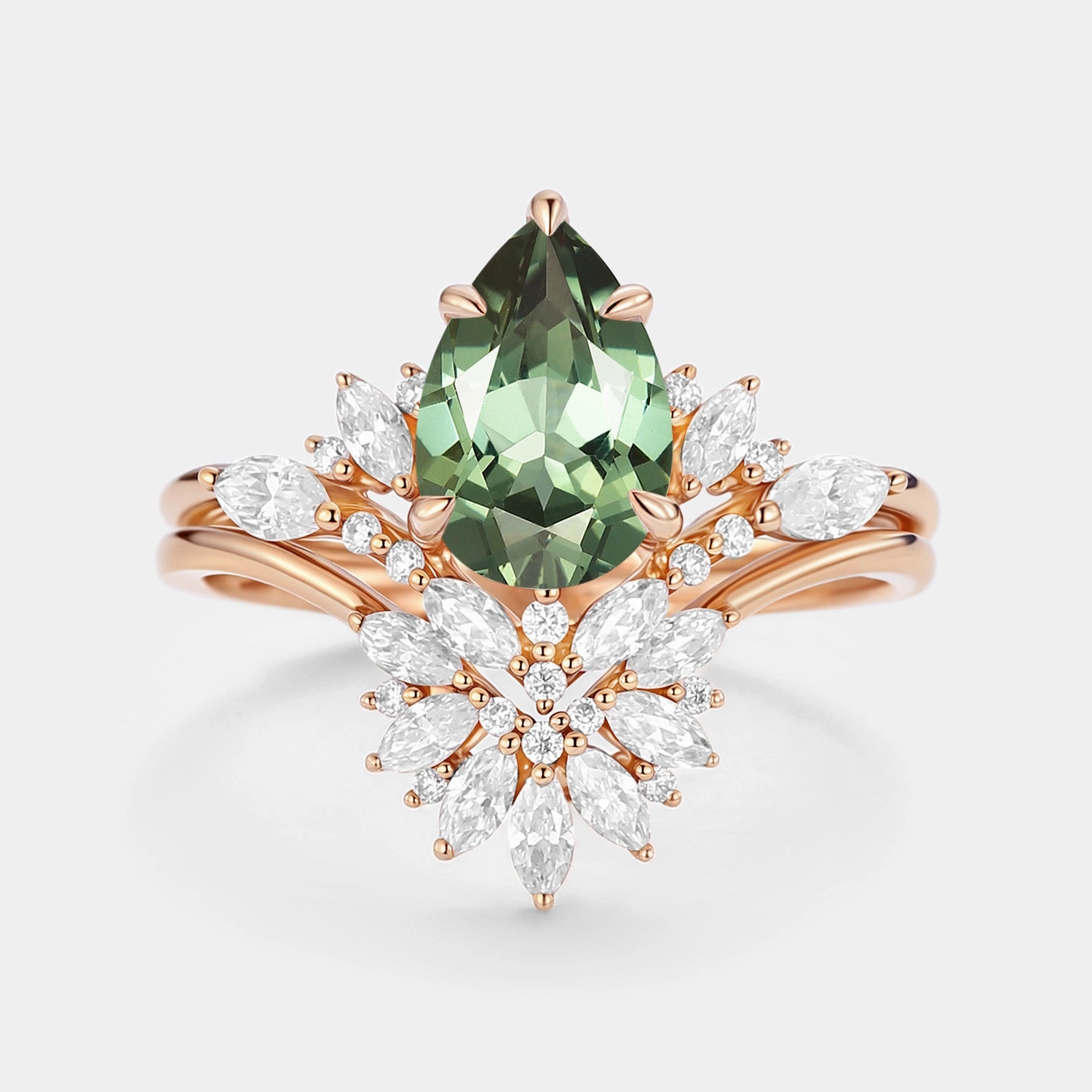 Pear Cut Lab Green Sapphire Cluster Engagement Ring Set 2pcs - Peryn Finest Form